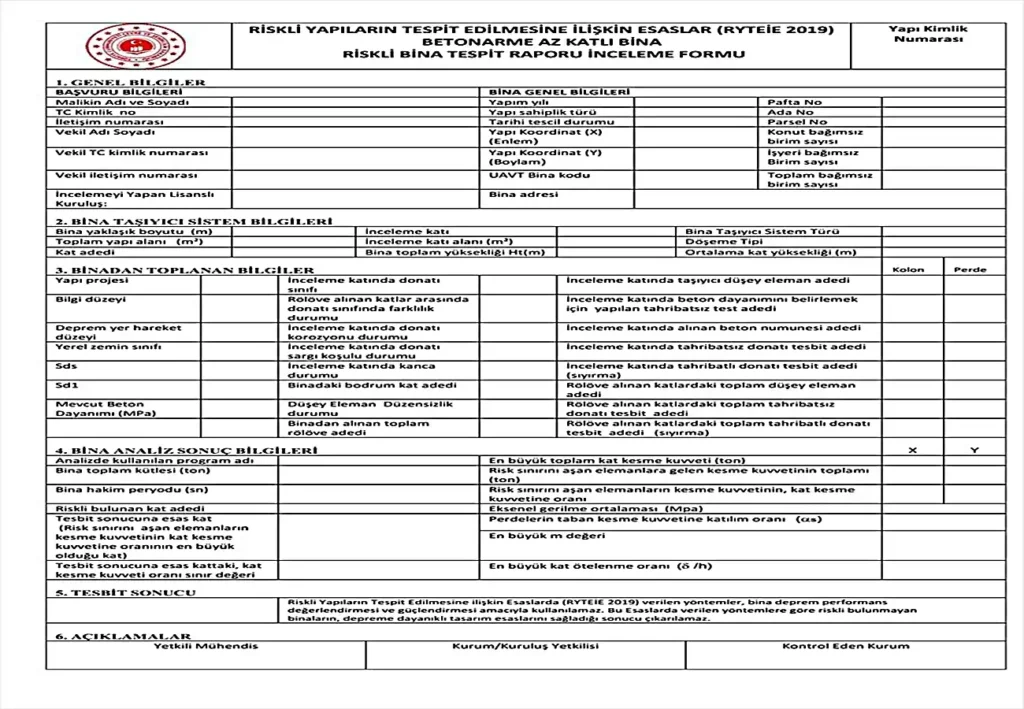 Riskli yapı tespit raporu incelem formu