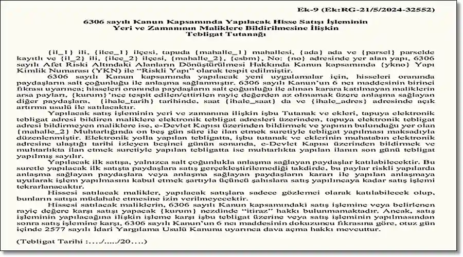 Arsa payı satışı işleminin yeri ve zamanı hakkındaki tebligat formu görseli