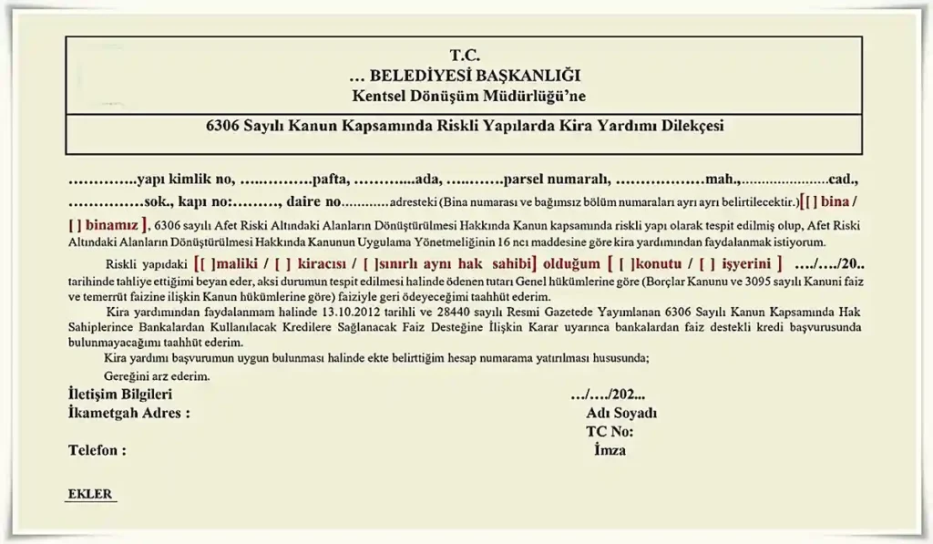 Kentsel dönüşüm kira yardımı dilekçe örneği görseli. 2025 yılı İstanbul ili için örnektir