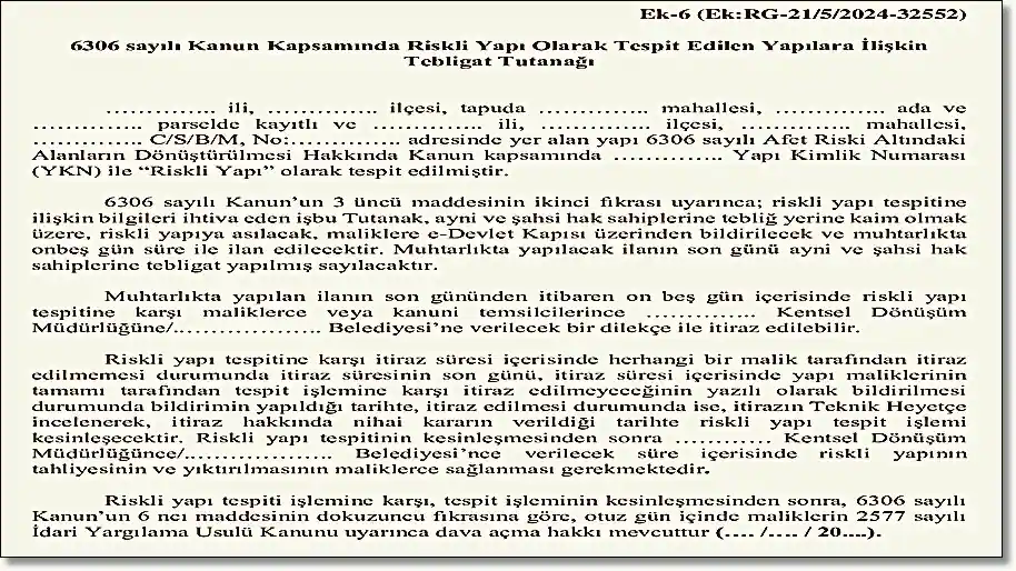 Riskli yapı tespiti tebligat tutanağı görseli