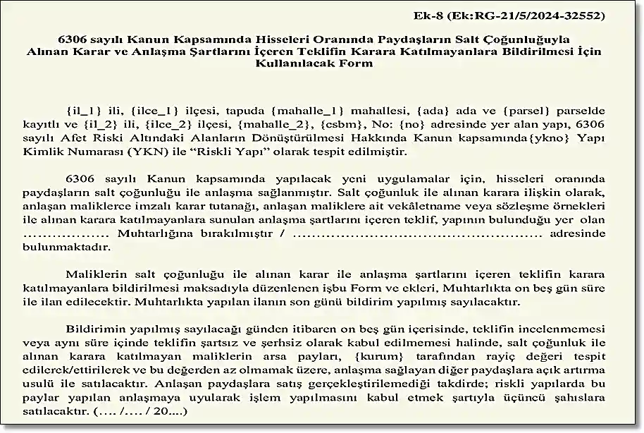 Maliklerin kararının ve anlaşma şartlarını içeren teklifin tebligat formunun görseli