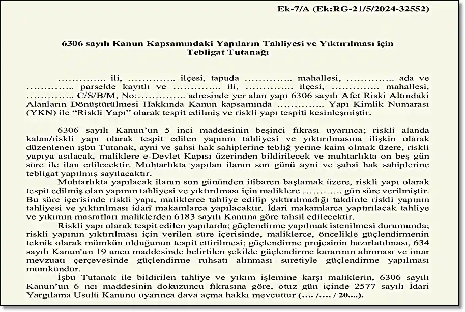 Kentsel dönüşümde yıkım ve tahliye tebligatı tutanağı görseli